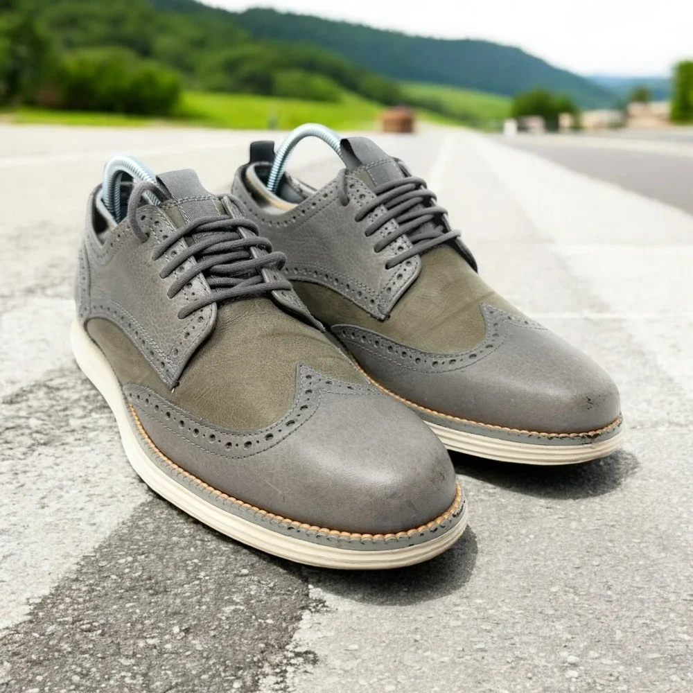 Cole Haan Grand.OS Wingtip Oxford Mens 8M Grey Olive Leather Suede C22528